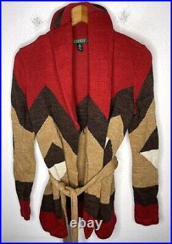 Ralph Lauren Medium Linen Cardigan Sweater Southwestern VTG Aztec Belt Wrap Red