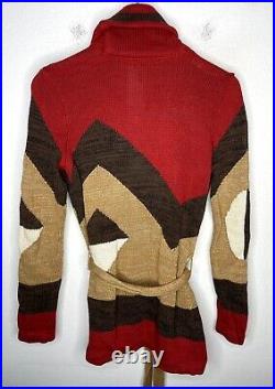 Ralph Lauren Medium Linen Cardigan Sweater Southwestern VTG Aztec Belt Wrap Red