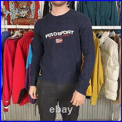 Ralph Lauren Polo Sport Jumper Spellout Vintage Sweater, Navy Blue, Mens Medium