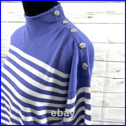 Ralph Lauren Women's Pullover Sweater Blue Striped Silver Button Sz M NWT