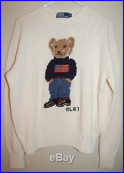 Rare POLO RALPH LAUREN hiking bear flag sweater hand knit cream vtg RL67 EUC Med