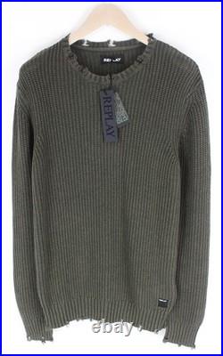 Replay Men's XL Knit Sweater Cotton Green Distressed Casual Long Sleeve Sweater