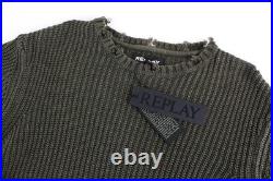 Replay Men's XL Knit Sweater Cotton Green Distressed Casual Long Sleeve Sweater