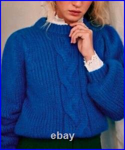 Sezane Serena Pullover Cable Jumper Knitwear Sweater Sz M Medium 60's Blue RARE
