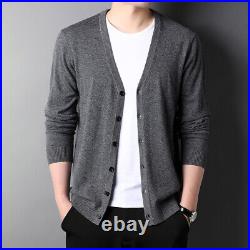 Solid Color V-neck 100% Wool Sweater Mens Casual Sweater Knitted Cardigan Jacket