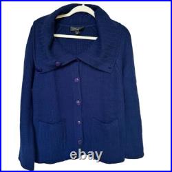 St. John Caviar 100% Cashmere Cape Collar Cardigan Sweater M Blue Button EUC St. John Caviar 100% Cashmere Cape Collar Cardigan Sweater M Blue Button EUC