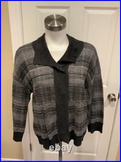 St. John Gray Striped 3/4 Sleeve Cardigan Sweater, Size Medium