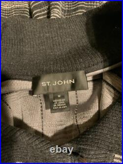 St. John Gray Striped 3/4 Sleeve Cardigan Sweater, Size Medium