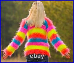 Striped rainbow sweater hand knit mohair jumper fuzzy multicolor top SUPERTANYA