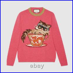 Sz M NEW $1980 GUCCI Pink CAT TEACUP GLASSES Ignasi Monreal Wool SWEATER TOP NWT