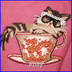 Sz M NEW $1980 GUCCI Pink CAT TEACUP GLASSES Ignasi Monreal Wool SWEATER TOP NWT