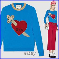 Sz M NEW $2,155 GUCCI Blue Cashmere Silk RED HEART JEWEL DAGGER Knit Top SWEATER