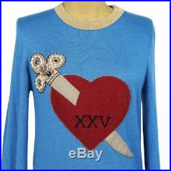 Sz M NEW $2,155 GUCCI Blue Cashmere Silk RED HEART JEWEL DAGGER Knit Top SWEATER