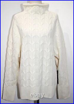 Tahari Super Soft Thick Lush 100%2-Ply Cashmere Mock Neck Cable Sweater Cream M