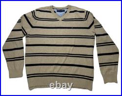 Tommy Hilfiger men's cotton V-neck sweater in a beige and navy blue stripes
