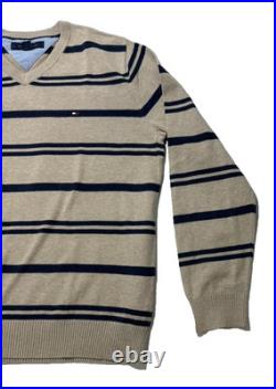 Tommy Hilfiger men's cotton V-neck sweater in a beige and navy blue stripes
