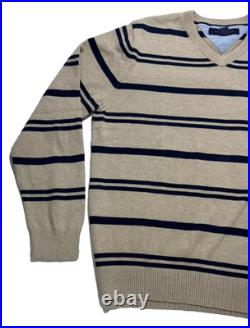 Tommy Hilfiger men's cotton V-neck sweater in a beige and navy blue stripes