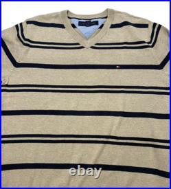 Tommy Hilfiger men's cotton V-neck sweater in a beige and navy blue stripes