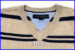 Tommy Hilfiger men's cotton V-neck sweater in a beige and navy blue stripes