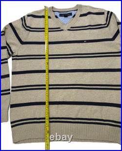 Tommy Hilfiger men's cotton V-neck sweater in a beige and navy blue stripes