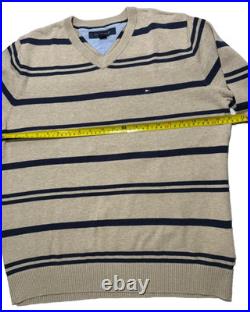 Tommy Hilfiger men's cotton V-neck sweater in a beige and navy blue stripes
