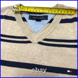 Tommy Hilfiger men's cotton V-neck sweater in a beige and navy blue stripes