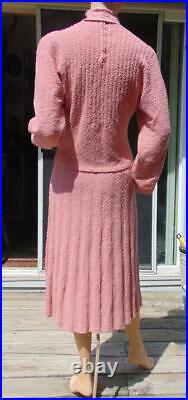 VTG 1950S PINK SWEATER & SKIRT KNIT SET BEADED COLLAR up to 30w