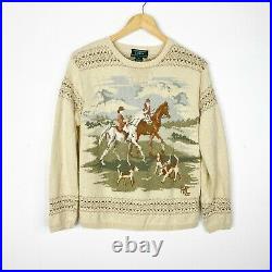 VTG Lauren Ralph Lauren Hand Knit Beige Equestrian Horse Sweater Size M Vintage