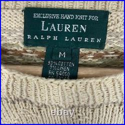 VTG Lauren Ralph Lauren Hand Knit Beige Equestrian Horse Sweater Size M Vintage