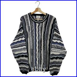 VTG London Fog 3D Knit Textured Coogi Style Blue Multicolor Sweater 80s/90s Sz M