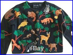 VTG Michael Simon Woodland Forest Animals Sweater Cardigan M Squirrel Owl Deer