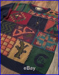 VTG Polo Ralph Lauren Southwest Patchwork Hand Knit Linen/Cotton Sweater MEDIUM
