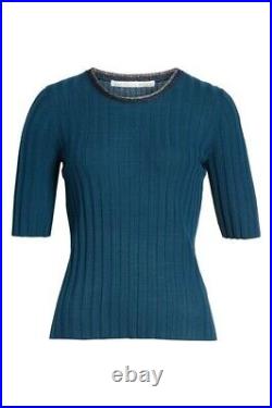 Veronica Beard Delilah Sweater Ribbed Metallic Trim Wool Blue Teal Green SZ M