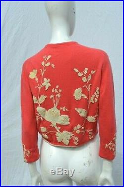 Vintage 50's Helen Bond Carruthers sweater embroidered applique MINT size M PINK