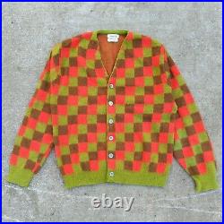 Vintage 60s 70s Mohair Orlon Blend Checkered Cardigan Sweater Size Medium