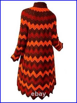 Vintage 70s Mod Psychedelic Mod Chevron Crochet Knit Sweater Coat Maxi Medium