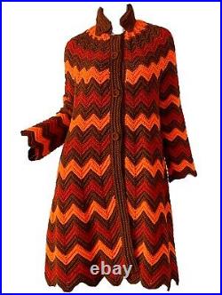 Vintage 70s Mod Psychedelic Mod Chevron Crochet Knit Sweater Coat Maxi Medium