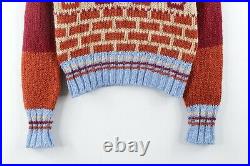 Vintage 70s Rockabilly Womens Medium Rainbow Knit Floral Print V-Neck Sweater