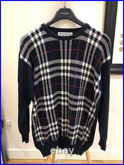 Vintage 90s Mens BURBERRY Nova Check lambs wool jumper sweater small/medium Navy