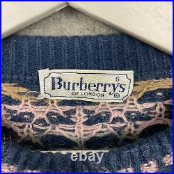 Vintage Burberry Jumper Mens Medium Blue Sweatshirt Sweater Knitted Top 90s