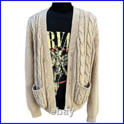 Vintage Cable Knit Cardigan 70s Tan Grunge Kurt Cobain Sweater Mens Medium Vintage Cable Knit Cardigan 70s Tan Grunge Kurt Cobain Sweater Mens Medium