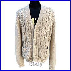 Vintage Cable Knit Cardigan 70s Tan Grunge Kurt Cobain Sweater Mens Medium