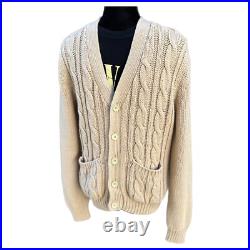 Vintage Cable Knit Cardigan 70s Tan Grunge Kurt Cobain Sweater Mens Medium