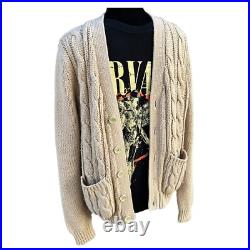 Vintage Cable Knit Cardigan 70s Tan Grunge Kurt Cobain Sweater Mens Medium