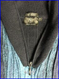Vintage Carlo Colucci Jumper Size M Zip Neck Blue Black Stripe Wool Sweater