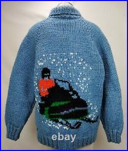 Vintage Cowichan Wool Cardigan Sweater Medium Blue Full Zip Snowmobile Hand Knit