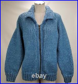 Vintage Cowichan Wool Cardigan Sweater Medium Blue Full Zip Snowmobile Hand Knit