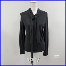 Vintage Hermes Wool Sweater Jumper Womens Medium Gray Long Sleeve Tie Neck