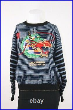 Vintage Kansai Yamamoto Embroidered Dragon Gold/Blue Striped Sweater Size M