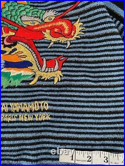 Vintage Kansai Yamamoto Embroidered Dragon Gold/Blue Striped Sweater Size M